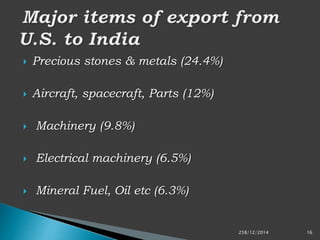  Precious stones & metals (24.4%)
 Aircraft, spacecraft, Parts (12%)
 Machinery (9.8%)
 Electrical machinery (6.5%)
 Mineral Fuel, Oil etc (6.3%)
258/12/2014 16
 