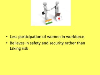 • Less participation of women in workforce
• Believes in safety and security rather than
taking risk

 