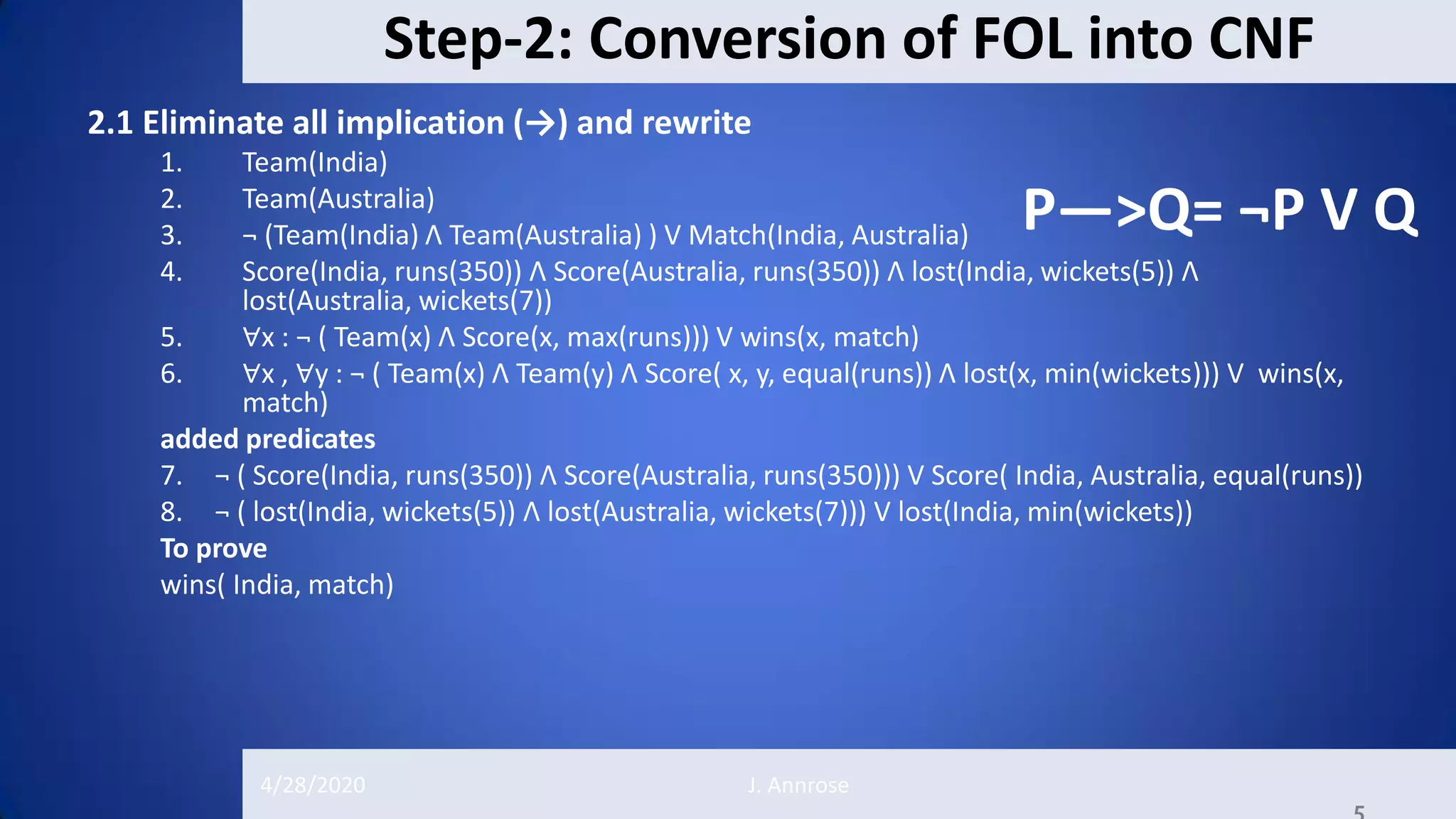 Inference Resolution, Forward and backward chaining example:India wins ...