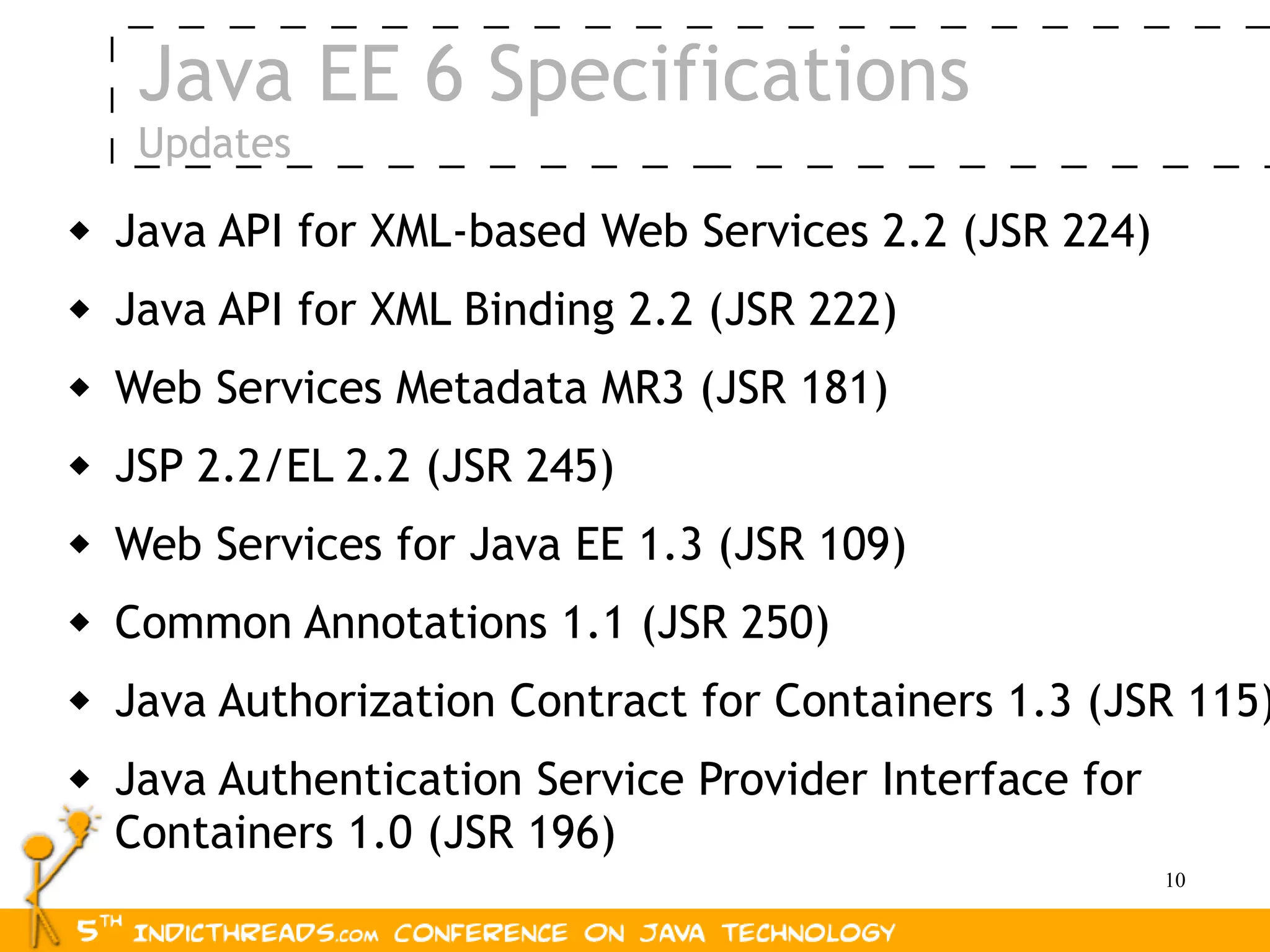 Java EE 6 Specifications
     Updates
   Java API for XML-based Web Services 2.2 (JSR 224)
   Java API for XML Binding 2.2 (JSR 222)
   Web Services Metadata MR3 (JSR 181)
   JSP 2.2/EL 2.2 (JSR 245)
   Web Services for Java EE 1.3 (JSR 109)
   Common Annotations 1.1 (JSR 250)
   Java Authorization Contract for Containers 1.3 (JSR 115)
   Java Authentication Service Provider Interface for
    Containers 1.0 (JSR 196)
                                                         10
 