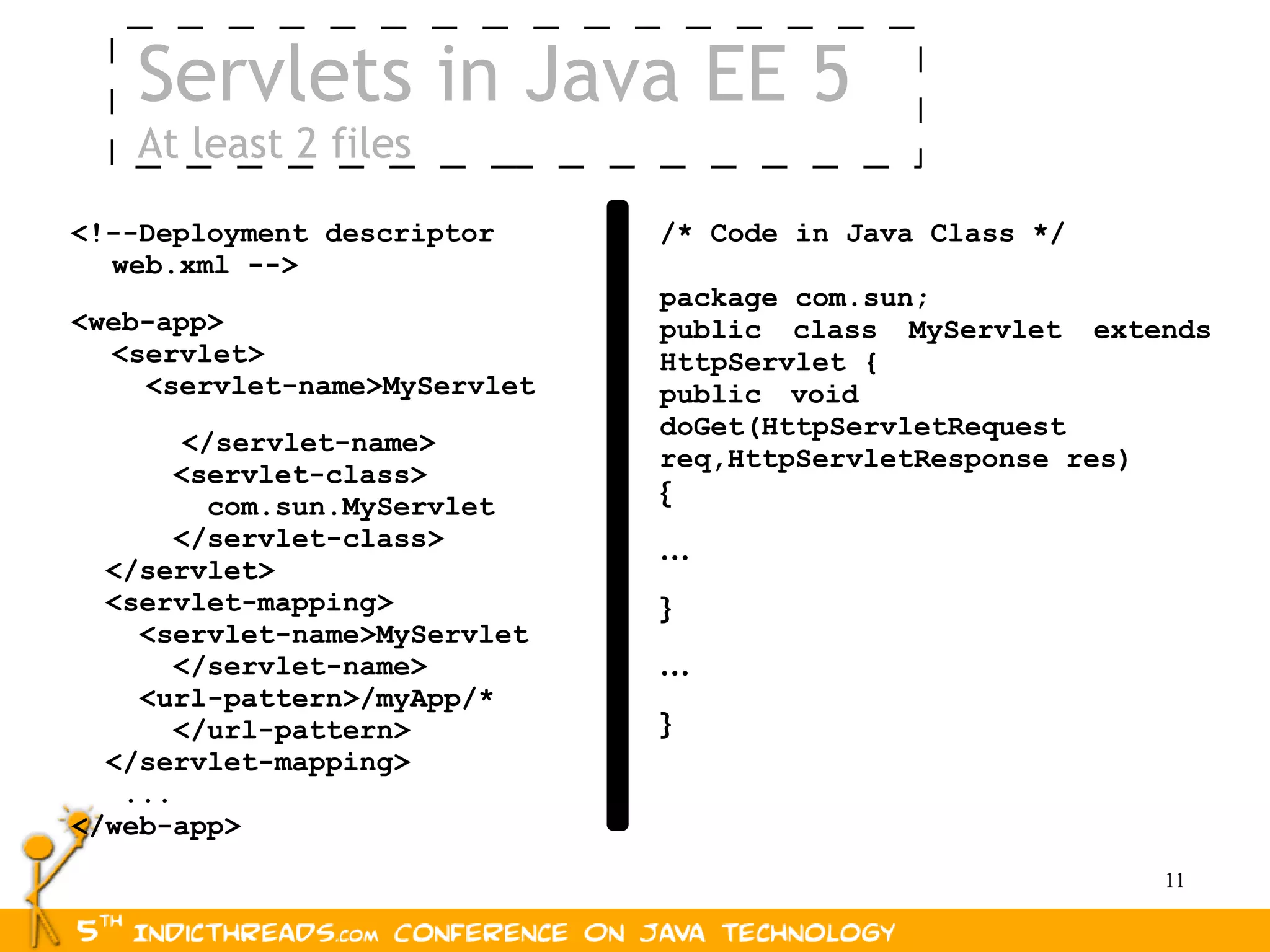 Servlets in Java EE 5
   At least 2 files
<!--Deployment descriptor     /* Code in Java Class */
  web.xml -->
                              package com.sun;
<web-app>                     public class MyServlet extends
  <servlet>                   HttpServlet {
    <servlet-name>MyServlet   public void
                              doGet(HttpServletRequest
       </servlet-name>
                              req,HttpServletResponse res)
       <servlet-class>
         com.sun.MyServlet    {
       </servlet-class>       ...
  </servlet>
  <servlet-mapping>           }
    <servlet-name>MyServlet
       </servlet-name>        ...
    <url-pattern>/myApp/*
       </url-pattern>         }
  </servlet-mapping>
   ...
</web-app>
                                                         11
 