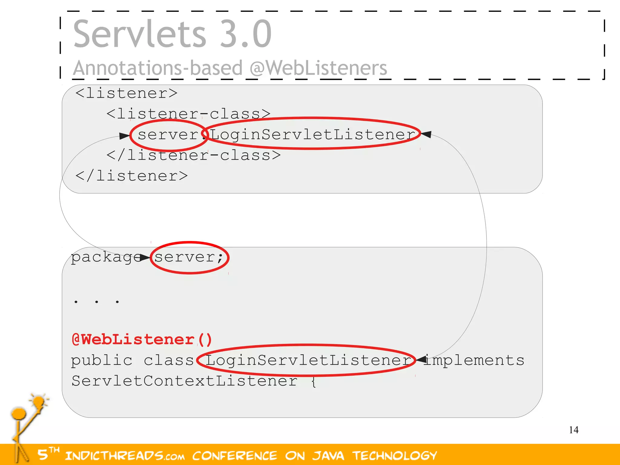 Servlets 3.0
Annotations-based @WebListeners
<listener>
   <listener-class>
      server.LoginServletListener
   </listener-class>
</listener>



package server;

. . .

@WebListener()
public class LoginServletListener implements
ServletContextListener {

                                               14
 