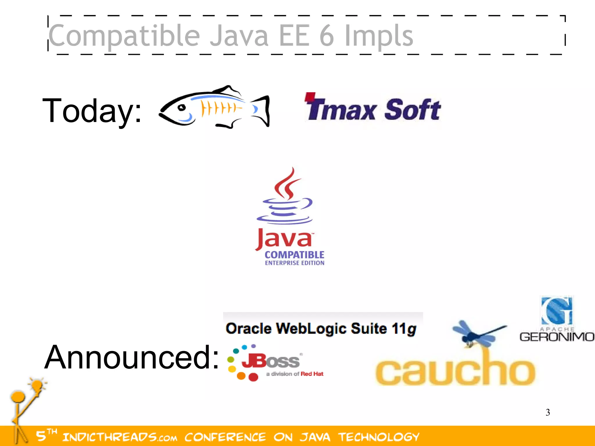 Compatible Java EE 6 Impls

Today:




Announced:
                             3
 