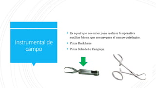 Instrumentalde
campo
 Es aquel que nos sirve para realizar la operativa
auxiliar básica que nos prepara el campo quirúrgico.
 Pinza Backhaus
 Pinza Schadel o Cangrejo
 