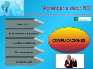 Mujer Joven Dolor Abdominal Recurrente Colédoco no Dilatado Bilirrubina Normal Sospecha DEO “ Aprender a decir NO” COMPLICACIONES 