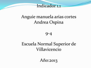 Indicador 1.1

Anguie manuela arias cortes
     Andrea Ospina

           9-4

Escuela Normal Superior de
       Villavicencio

         Año:2013
 