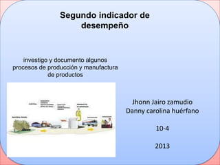 investigo y documento algunos
procesos de producción y manufactura
de productos
Segundo indicador de
desempeño
Jhonn Jairo zamudio
Danny carolina huérfano
10-4
2013
 