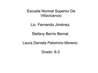 Escuela Normal Superior De
         Villavicencio

    Lic. Fernando Jiménez.

    Stefany Berrio Bernal.

Laura Daniela Palomino Moreno.

          Grado: 8-3
 