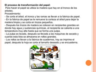 El proceso de transformación del papel:
Para hacer el papel se utiliza la madera que hay en el tronco de los
arboles.
Procedimiento:
- Se corta el árbol, el tronco y las ramas se llevan a la fabrica de papel.
- En la fabrica de papel se le remueve la corteza al árbol para dejar la
madera limpia y se corta en trozos pequeños.
- Después los trozos de madera se colocan en recipientes grandes en
donde hay agua y sustancias químicas, el recipiente se calienta a una
temperatura muy alta hasta que se forma una pulpa.
- La pulpa es lavada, después se llevada a las maquinas de secado y
cuando esta lista se almacena en rollos grandes.
- Los rollos se llevan a la fabrica de cuadernos, hay se imprime el
papel, después la hoja se corta al tamaño deseado y se encuaderna.
 