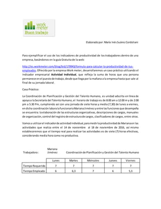 Elaboradopor: María InésSuárezCordoliani
Para ejemplificar el uso de los indicadores de productividad de los trabajadores dentro de una
empresa, basándonos en la guía Gratuita de la web:
http://es.workmeter.com/blog/bid/179943/formula-para-calcular-la-productividad-de-tus-
empleados.Ofrecida por la empresa Work meter, desarrollaremos un caso práctico utilizando el
indicador empresarial Actividad Individual, que refleja la suma de horas que una persona
permanece enel puestode trabajo,desde que llega por la mañana a la empresa hasta que sale al
final de su jornada laboral.
Caso Práctico:
La Coordinación de Planificación y Gestión del Talento Humano, es unidad adscrita en línea de
apoyoa laSecretaría del TalentoHumano, el horario de trabajo es de 8:00 am a 12:00 m y de 2:00
pm a 5:30 Pm, cumpliendo así con una jornada de siete horas y media (7,30) de lunes a viernes,
endicha coordinación laboralafuncionariaMarianaJiménezyentre lasfuncionesque desempeña
se encuentra: la elaboración de las estructuras organizativas, descripciones de cargos, manuales
de organización,control del registrode estructurade cargos,clasificadores de cargos, entre otras.
Vamosa utilizarel indicadorde actividadindividual,paramedirlaproductividadde Marianaen las
actividades que realiza entre el 14 de noviembre al 18 de noviembre de 2016, así mismo
estableceremos que el tiempo real para realizar las actividades es de siete (7) horas efectivas,
considerando media hora como no productiva.
Trabajadora:
Mariana
Jiménez Coordinaciónde Planificación y Gestión del Talento Humano
Lunes Martes Miércoles Jueves Viernes
TiempoRequerido 7 7 7 7 7
TiempoEmpleado 6 6,3 7 6 5,3
 