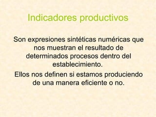 Indicadores productivos Son expresiones sintéticas numéricas que nos muestran el resultado de determinados procesos dentro del establecimiento.  Ellos nos definen si estamos produciendo de una manera eficiente o no. 