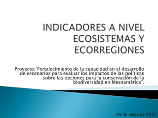 INDICADORES A NIVEL ECOSISTEMAS Y ECORREGIONES Proyecto:“Fortalecimiento de la capacidad en el desarrollo de escenarios para evaluar los impactos de las políticas sobre las opciones para la conservación de la biodiversidad en Mesoamérica”. 25 de mayo de 2011 