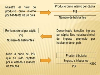 Muestra el nivel de         Producto bruto interno per cápita
producto bruto interno                    PIB
por habitante de un país
                               Número de habitantes


Renta nacional per cápita    Denominado también ingreso
          YN                 per cápita, Nos muestra el nivel
 Número de habitantes        de ingreso promedio por
                             habitante de un país


Mide la parte del PBI                Presión tributaria
que ha sido captada
por el estado a manera             Ingreso s tributarios
                                                           X100
de tributos                               PBI
                                                                  3
 