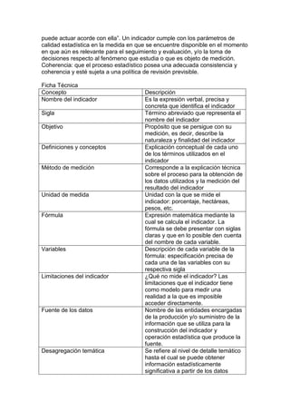 puede actuar acorde con ella”. Un indicador cumple con los parámetros de
calidad estadística en la medida en que se encuentre disponible en el momento
en que aún es relevante para el seguimiento y evaluación, y/o la toma de
decisiones respecto al fenómeno que estudia o que es objeto de medición.
Coherencia: que el proceso estadístico posea una adecuada consistencia y
coherencia y esté sujeta a una política de revisión previsible.
Ficha Técnica
Concepto Descripción
Nombre del indicador Es la expresión verbal, precisa y
concreta que identifica el indicador
Sigla Término abreviado que representa el
nombre del indicador
Objetivo Propósito que se persigue con su
medición, es decir, describe la
naturaleza y finalidad del indicador
Definiciones y conceptos Explicación conceptual de cada uno
de los términos utilizados en el
indicador
Método de medición Corresponde a la explicación técnica
sobre el proceso para la obtención de
los datos utilizados y la medición del
resultado del indicador
Unidad de medida Unidad con la que se mide el
indicador: porcentaje, hectáreas,
pesos, etc.
Fórmula Expresión matemática mediante la
cual se calcula el indicador. La
fórmula se debe presentar con siglas
claras y que en lo posible den cuenta
del nombre de cada variable.
Variables Descripción de cada variable de la
fórmula: especificación precisa de
cada una de las variables con su
respectiva sigla
Limitaciones del indicador ¿Qué no mide el indicador? Las
limitaciones que el indicador tiene
como modelo para medir una
realidad a la que es imposible
acceder directamente.
Fuente de los datos Nombre de las entidades encargadas
de la producción y/o suministro de la
información que se utiliza para la
construcción del indicador y
operación estadística que produce la
fuente.
Desagregación temática Se refiere al nivel de detalle temático
hasta el cual se puede obtener
información estadísticamente
significativa a partir de los datos
 