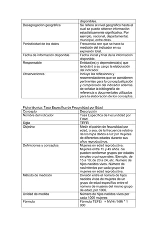 disponibles.
Desagregación geográfica Se refiere al nivel geográfico hasta el
cual se puede obtener información
estadísticamente significativa. Por
ejemplo, nacional, departamental,
municipal, entre otras.
Periodicidad de los datos Frecuencia con que se hace la
medición del indicador en su
expresión total.
Fecha de información disponible Fecha inicial y final de la información
disponible.
Responsable Entidad(es) y dependencia(s) que
tendrá(n) a su cargo la elaboración
del indicador.
Observaciones Incluye las reflexiones y
recomendaciones que se consideren
pertinentes para la conceptualización
y comprensión del indicador además
de señalar la bibliografía de
referencia o documentales utilizados
para la elaboración de los conceptos.
Ficha técnica: Tasa Específica de Fecundidad por Edad
Concepto Descripción
Nombre del indicador Tasa Específica de Fecundidad por
Edad
Sigla TEFEi
Objetivo Medir el patrón de fecundidad por
edad, o sea, de la frecuencia relativa
de los hijos dados a luz por mujeres
de diferentes edades durante sus
años reproductivos.
Definiciones y conceptos Mujeres en edad reproductiva.
Mujeres entre 15 y 49 años. Se
pueden conformar grupos por edades
simples o quinquenales. Ejemplo: de
15 a 19; de 20 a 24, etc. Número de
hijos nacidos vivos. Número de
nacimientos por cada grupo de
mujeres en edad reproductiva.
Método de medición División entre el número de hijos
nacidos vivos de mujeres de un
grupo de edad específico entre el
número de mujeres del mismo grupo
de edad, por 1000.
Unidad de medida Número de hijos nacidos vivos por
cada 1000 mujeres
Fórmula Fórmula TEFEi = NVHi / NMi * 1
000
 