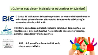 ¿Quienes establecen indicadores educativos en México?
El Banco de Indicadores Educativos presenta de manera independiente los
indicadores que conforman el Panorama Educativo de México según
apartado y año de publicación.
INEE tiene como tarea principal evaluar la calidad, el desempeño y los
resultados del Sistema Educativo Nacional en la educación preescolar,
primaria, secundaria y media superior.
SNIE : Información sobre estadísticas de
educación en México