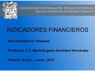 INDICADORES FINANCIEROS
Área Académica: Finanzas
Profesora: L.C. María Eugenia Alcántara Hernández
Periodo: Enero – Junio / 2013
 