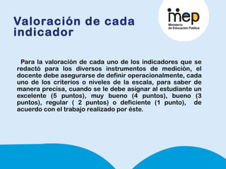 Valoración de cada
indicador
Para la valoración de cada uno de los indicadores que se
redactó para los diversos instrumentos de medición, el
docente debe asegurarse de definir operacionalmente, cada
uno de los criterios o niveles de la escala, para saber de
manera precisa, cuando se le debe asignar al estudiante un
excelente (5 puntos), muy bueno (4 puntos), bueno (3
puntos), regular ( 2 puntos) o deficiente (1 punto), de
acuerdo con el trabajo realizado por éste.
 