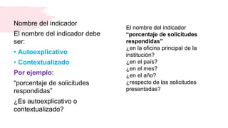 Nombre del indicador
El nombre del indicador debe
ser:
• Autoexplicativo
• Contextualizado
Por ejemplo:
“porcentaje de solicitudes
respondidas”
¿Es autoexplicativo o
contextualizado?
El nombre del indicador
“porcentaje de solicitudes
respondidas”
¿en la oficina principal de la
institución?
¿en el país?
¿en el mes?
¿en el año?
¿respecto de las solicitudes
presentadas?
 