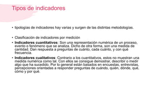 Tipos de indicadores
• tipologías de indicadores hay varias y surgen de las distintas metodologías.
• Clasificación de indicadores por medición
• Indicadores cuantitativos: Son una representación numérica de un proceso,
evento o fenómeno que se analiza. Dicho de otra forma, son una medida de
cantidad. Dan respuesta a preguntas de cuánto, cada cuánto, y con qué
frecuencia.
• Indicadores cualitativos: Contrario a los cuantitativos, estos no muestran una
medida numérica como tal. Con ellos se consigue demostrar, describir o medir
algo que ha sucedido. Por lo general están basados en encuestas, entrevistas,
percepciones orientadas a responder preguntas de cuándo, quién, dónde, qué,
cómo y por qué.
 