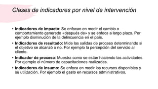 Clases de indicadores por nivel de intervención
• Indicadores de impacto: Se enfocan en medir el cambio o
comportamiento generado «después de» y se enfoca a largo plazo. Por
ejemplo disminución de la delincuencia en el país.
• Indicadores de resultado: Mide las salidas de proceso determinando si
el objetivo se alcanzó o no. Por ejemplo la percepción del servicio al
cliente.
• Indicador de proceso: Muestra como se están haciendo las actividades.
Por ejemplo el número de capacitaciones realizadas.
• Indicadores de insumo: Se enfoca en medir los recursos disponibles y
su utilización. Por ejemplo el gasto en recursos administrativos.
 