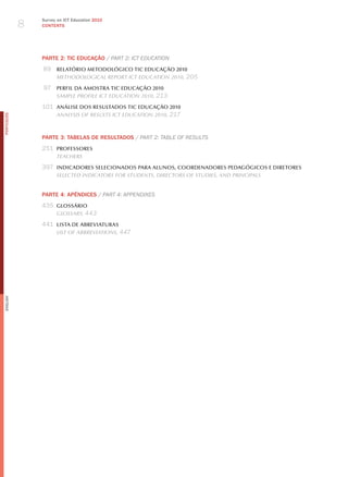 8
                Survey on ICT Education 2010
                CONTENTS




                PARTE 2: TIC EDuCAÇÃO / Part 2: ICt eduCatIoN
                89 RELATóRIO METODOLóGICO TIC EDUCAçãO 2010
                   methodologicAl rePort ict educAtion 2010, 205

                97 PERFIL DA AMOSTRA TIC EDUCAçãO 2010
                   SAmPle ProFile ict educAtion 2010, 213

                101 ANáLISE DOS RESULTADOS TIC EDUCAçãO 2010
                    AnAlySiS oF reSultS ict educAtion 2010, 217
PORTuGuÊS




                PARTE 3: TABELAS DE RESuLTADOS / Part 2: taBle of reSultS
                251 PROFESSORES
                      teAcherS

                397 INDICADORES SELECIONADOS PARA ALUNOS, COORDENADORES PEDAGóGICOS E DIRETORES
                      Selected indicAtorS For StudentS, directorS oF StudieS, And PrinciPAlS


                PARTE 4: APÊNDICES / Part 4: aPPeNdIXeS
                435 GLOSSáRIO
                    gloSSAry, 443

                441 LISTA DE ABREVIATURAS
                      liSt oF ABBreviAtionS, 447
English
 