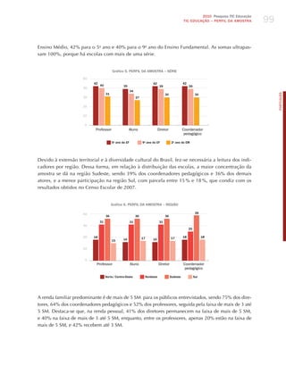 99
                                                                                                             2010 Pesquisa TIC Educação
                                                                                                    TIC EDuCAÇÃO – PERFIL DA AMOSTRA




Ensino Médio, 42% para o 5o ano e 40% para o 9o ano do Ensino Fundamental. As somas ultrapas-
sam 100%, porque há escolas com mais de uma série.


                                          Gráfico 5. PERFIL DA AMOSTRA – SéRIE
                     50
                           42                                             42                        42
                                40                39                            39                       39
                     40
                                                         34
                                     31




                                                                                                                                               PORTuGuÊS
                                                                                     30                        30
                     30                                       27

                     20

                     10

                      0
                            Professor                  Aluno                   Diretor              Coordenador
                                                                                                     pedagógico

                                          5o ano do EF             9o ano do EF            2o ano do EM




Devido à extensão territorial e à diversidade cultural do Brasil, fez-se necessária a leitura dos indi-
cadores por região. Dessa forma, em relação à distribuição das escolas, a maior concentração da
amostra se dá na região Sudeste, sendo 39% dos coordenadores pedagógicos e 36% dos demais
atores, e a menor participação na região Sul, com parcela entre 15 % e 18 %, que condiz com os
resultados obtidos no Censo Escolar de 2007.


                                          Gráfico 6. PERFIL DA AMOSTRA – REGIÃO

                     40                                                                                        39
                                     36                       36                     36
                                31                       31                     31
                     30
                                                                                                         25

                     20    18                                      17                     17        18              18
                                          15      16                      16

                     10


                      0
                            Professor                    Aluno                 Diretor              Coordenador
                                                                                                     pedagógico

                                     Norte / Centro-Oeste           Nordeste              Sudeste             Sul




A renda familiar predominante é de mais de 5 SM para os públicos entrevistados, sendo 75% dos dire-
tores, 64% dos coordenadores pedagógicos e 52% dos professores, seguida pela faixa de mais de 3 até
5 SM. Destaca-se que, na renda pessoal, 41% dos diretores permanecem na faixa de mais de 5 SM,
e 40% na faixa de mais de 3 até 5 SM, enquanto, entre os professores, apenas 20% estão na faixa de
mais de 5 SM, e 42% recebem até 3 SM.
 