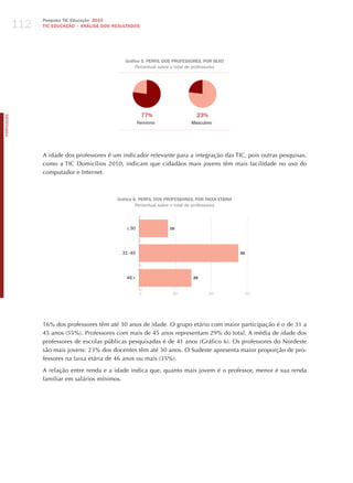 112
                  Pesquisa TIC Educação 2010
                  TIC EDuCAÇÃO – ANÁLISE DOS RESuLTADOS




                                                 Gráfico 5. PERFIL DOS PROFESSORES, POR SExO
                                                      Percentual sobre o total de professores




                                                           77%                   23%
PORTuGuÊS




                                                          Feminino            Masculino




                  A idade dos professores é um indicador relevante para a integração das TIC, pois outras pesquisas,
                  como a TIC Domicílios 2010, indicam que cidadãos mais jovens têm mais facilidade no uso do
                  computador e Internet.



                                              Gráfico 6. PERFIL DOS PROFESSORES, POR FAIxA ETÁRIA
                                                       Percentual sobre o total de professores




                                                  ≤ 30               16




                                                31 - 45                                             55




                                                  46 +                         29


                                                           0          20               40                60




                  16% dos professores têm até 30 anos de idade. O grupo etário com maior participação é o de 31 a
                  45 anos (55%). Professores com mais de 45 anos representam 29% do total. A média de idade dos
                  professores de escolas públicas pesquisadas é de 41 anos (Gráfico 6). Os professores do Nordeste
                  são mais jovens: 23% dos docentes têm até 30 anos. O Sudeste apresenta maior proporção de pro-
                  fessores na faixa etária de 46 anos ou mais (35%).

                  A relação entre renda e a idade indica que, quanto mais jovem é o professor, menor é sua renda
                  familiar em salários mínimos.
 