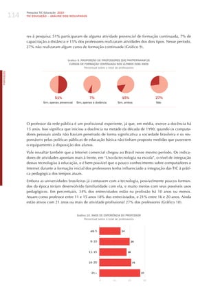 114
                  Pesquisa TIC Educação 2010
                  TIC EDuCAÇÃO – ANÁLISE DOS RESuLTADOS




                  res à pesquisa: 51% participaram de alguma atividade presencial de formação continuada, 7% de
                  capacitação a distância e 15% dos professores realizaram atividades dos dois tipos. Nesse período,
                  27% não realizaram algum curso de formação continuada (Gráfico 9).


                                              Gráfico 9. PROPORÇÃO DE PROFESSORES quE PARTICIPARAM DE
                                               CuRSOS DE FORMAÇÃO CONTINuADA NOS úLTIMOS DOIS ANOS
                                                           Percentual sobre o total de professores
PORTuGuÊS




                                    51%                        7%                     15%                   27%
                            Sim, apenas presencial   Sim, apenas a distância        Sim, ambos              Não




                  O professor da rede pública é um profissional experiente, já que, em média, exerce a docência há
                  15 anos. Isso significa que iniciou a docência na metade da década de 1990, quando os computa-
                  dores pessoais ainda não haviam penetrado de forma significativa a sociedade brasileira e os res-
                  ponsáveis pelas políticas públicas de educação básica não tinham proposto medidas que pusessem
                  o equipamento à disposição dos alunos.

                  Vale ressaltar também que a Internet comercial chegou ao Brasil nesse mesmo período. Os indica-
                  dores de atividades apontam mais à frente, em “Uso da tecnologia na escola”, o nível de integração
                  dessas tecnologias à educação, e é bem possível que o pouco conhecimento sobre computadores e
                  Internet durante a formação inicial dos professores tenha influenciado a integração das TIC à práti-
                  ca pedagógica dos tempos atuais.

                  Embora as universidades brasileiras já contassem com a tecnologia, possivelmente poucos forman-
                  dos da época teriam desenvolvido familiaridade com ela, e muito menos com seus possíveis usos
                  pedagógicos. Em percentuais, 34% dos entrevistados estão na profissão há 10 anos ou menos.
                  Atuam como professor entre 11 e 15 anos 18% dos entrevistados, e 21% entre 16 e 20 anos. Ainda
                  estão ativos com 21 anos ou mais de atividade profissional 27% dos professores (Gráfico 10).


                                                     Gráfico 10. ANOS DE ExPERIÊNCIA DO PROFESSOR
                                                           Percentual sobre o total de professores



                                                               até 5                  14



                                                               6 - 10                           20



                                                              11 - 15                      18



                                                              16 - 20                            21



                                                                21 +                                  27

                                                                        0      10          20          30
 