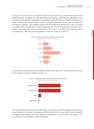 115
                                                                                                           2010 Pesquisa TIC Educação
                                                                                            TIC EDuCAÇÃO – ANÁLISE DOS RESuLTADOS




A carga horária no exercício da atividade profissional do docente é um assunto muito debatido em
âmbito nacional. A pesquisa TIC Educação reforça um dado já conhecido pela população: o pro-
fissional de educação está submetido a uma jornada de trabalho intensa. O professor ministra, em
média, 40 horas de aula por semana; isso faz com que o planejamento das aulas, atividade fun-
damental ao professor, fique prejudicado pela falta de tempo desse profissional, o que se configu-
ra também como limitação para a efetiva apropriação das novas tecnologias nas atividades com os
alunos. As jornadas mais comuns são de 40 horas (41%) e de 21 a 39 horas (20%). Quase um terço




                                                                                                                                              PORTuGuÊS
dos professores (28%) tem jornadas superiores a 40 horas semanais (Gráfico 11).


                           Gráfico 11. HORAS DE TRABALHO SEMANAIS DO PROFESSOR
                                      Percentual sobre o total de professores



                                          até 20                       12



                                          21 - 39                                20



                                                   40                                              41



                                          41 - 59                           15



                                                  60 +                 13

                                                         0        10         20        30     40         50




Os professores cumprem jornadas de trabalho muitas vezes duplas, em turnos alternados, em esco-
las das redes municipais e estaduais (Gráfico 12).


                     Gráfico 12. DEPENDÊNCIA ADMINISTRATIvA EM quE O PROFESSOR ATuA
                                     Percentual sobre o total de professores



                      Pública municipal                                                                 61



                      Pública estadual                                                                  61



                               Privada              7



                        Pública federal       1


                                          0                  20                   40               60         80




Para que o indivíduo desenvolva suas habilidades, é necessária a posse dos equipamentos de tecno-
logia. Entretanto, de acordo com a pesquisa TIC Domicílios 2010, o custo ainda é o maior impediti-
vo alegado pelos cidadãos para não comprar um computador e, principalmente, não adquirir aces-
so à Internet. Esse indicador se reflete no professor.
 