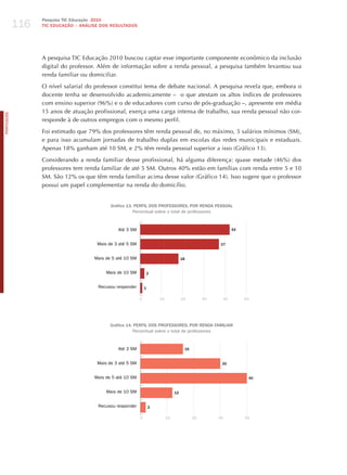 116
                  Pesquisa TIC Educação 2010
                  TIC EDuCAÇÃO – ANÁLISE DOS RESuLTADOS




                  A pesquisa TIC Educação 2010 buscou captar esse importante componente econômico da inclusão
                  digital do professor. Além de informação sobre a renda pessoal, a pesquisa também levantou sua
                  renda familiar ou domiciliar.

                  O nível salarial do professor constitui tema de debate nacional. A pesquisa revela que, embora o
                  docente tenha se desenvolvido academicamente – o que atestam os altos índices de professores
                  com ensino superior (96%) e o de educadores com curso de pós-graduação –, apresente em média
                  15 anos de atuação profissional, exerça uma carga intensa de trabalho, sua renda pessoal não cor-
PORTuGuÊS




                  responde à de outros empregos com o mesmo perfil.

                  Foi estimado que 79% dos professores têm renda pessoal de, no máximo, 5 salários mínimos (SM),
                  e para isso acumulam jornadas de trabalho duplas em escolas das redes municipais e estaduais.
                  Apenas 18% ganham até 10 SM, e 2% têm renda pessoal superior a isso (Gráfico 13).

                  Considerando a renda familiar desse profissional, há alguma diferença: quase metade (46%) dos
                  professores tem renda familiar de até 5 SM. Outros 40% estão em famílias com renda entre 5 e 10
                  SM. São 12% os que têm renda familiar acima desse valor (Gráfico 14). Isso sugere que o professor
                  possui um papel complementar na renda do domicílio.


                                             Gráfico 13. PERFIL DOS PROFESSORES, POR RENDA PESSOAL
                                                        Percentual sobre o total de professores


                                                Até 3 SM                                                         42


                                       Mais de 3 até 5 SM                                               37


                                      Mais de 5 até 10 SM                              18


                                           Mais de 10 SM        2


                                       Recusou responder        1

                                                            0           10             20         30        40        50




                                             Gráfico 14. PERFIL DOS PROFESSORES, POR RENDA FAMILIAR
                                                        Percentual sobre o total de professores


                                                Até 3 SM                                16


                                       Mais de 3 até 5 SM                                               30


                                      Mais de 5 até 10 SM                                                              40


                                           Mais de 10 SM                          12


                                       Recusou responder            2

                                                            0                10              20        30             40
 
