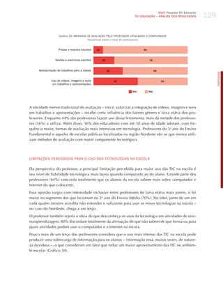 129
                                                                                     2010 Pesquisa TIC Educação
                                                                      TIC EDuCAÇÃO – ANÁLISE DOS RESuLTADOS




                    Gráfico 29. MéTODOS DE AvALIAÇÃO PELO PROFESSOR uTILIzANDO O COMPuTADOR
                                        Percentual sobre o total de professores


                   Provas e exames escritos      10                         90



                 Tarefas e exercícios escritos        22                         78



     Apresentação de trabalhos para a classe               31                          69




                                                                                                                        PORTuGuÊS
              Uso de vídeos, imagens e sons                     47                          53
               em trabalhos e apresentações

                                                                     Sim         Não




A atividade menos tradicional de avaliação – isto é, valorizar a integração de vídeos, imagens e sons
em trabalhos e apresentações – recebe certa influência dos fatores gênero e faixa etária dos pro-
fessores. Enquanto 44% das professoras fazem uso dessa ferramenta, mais da metade dos professo-
res (56%) a utiliza. Além disso, 56% dos educadores com até 30 anos de idade adotam, com fre-
quência maior, formas de avaliação mais intensivas em tecnologia. Professores do 5o ano do Ensino
Fundamental e aqueles de escolas públicas localizadas na região Nordeste são os que menos utili-
zam métodos de avaliação com maior componente tecnológico.




LImITAÇõES PERCEBIdAS PARA o USo dAS TECNoLoGIAS NA ESCoLA

Da perspectiva do professor, a principal limitação percebida para maior uso das TIC na escola é
seu nível de habilidade tecnológica mais baixo quando comparado ao do aluno. Grande parte dos
professores (64%) concorda totalmente que os alunos da escola sabem mais sobre computador e
Internet do que o docente.

Essa opinião surgiu com intensidade inclusive entre professores de faixa etária mais jovem, e foi
maior no segmento dos que lecionam no 2o ano do Ensino Médio (70%). No total, perto de um em
cada quatro mestres acredita não entender o suficiente para usar as novas tecnologias na escola –
no caso do Nordeste, chega a um terço.

O professor também rejeita a ideia de que desconheça os usos da tecnologia em atividades de ensi-
no/aprendizagem. 80% discordam totalmente da afirmação de que não sabem de que forma ou para
quais atividades podem usar o computador e a Internet na escola.

Pouco mais de um terço dos professores considera que o uso mais intenso das TIC na escola pode
produzir uma sobrecarga de informação para os alunos – informação essa, muitas vezes, de nature-
za duvidosa –, o que consideram um fator que reduz um maior aproveitamento das TIC no ambien-
te escolar (Gráfico 30).
 