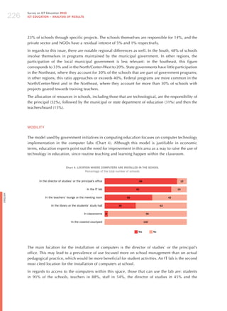 226
                Survey on ICT Education 2010
                ICT EDuCATION – ANALySIS OF RESuLTS




                23% of schools through specific projects. The schools themselves are responsible for 14%, and the
                private sector and NGOs have a residual interest of 5% and 1% respectively.

                In regards to this issue, there are notable regional differences as well. In the South, 48% of schools
                involve themselves in programs maintained by the municipal government. In other regions, the
                participation of the local municipal government is less relevant: in the Southeast, this figure
                corresponds to 33% and in the North/Center-West to 20%. State governments have little participation
                in the Northeast, where they account for 30% of the schools that are part of government programs;
                in other regions, this ratio approaches or exceeds 40%. Federal programs are more common in the
                North/Center-West and in the Northeast, where they account for more than 30% of schools with
                projects geared towards training teachers.

                The allocation of resources in schools, including those that are technological, are the responsibility of
                the principal (52%), followed by the municipal or state department of education (31%) and then the
                teachers/board (15%).




                moBILITY

                The model used by government initiatives in computing education focuses on computer technology
                implementation in the computer labs (Chart 4). Although this model is justifiable in economic
                terms, education experts point out the need for improvement in this area as a way to raise the use of
                technology in education, since routine teaching and learning happen within the classroom.


                                             Chart 4. LOCATION WHERE COMPuTERS ARE INSTALLED IN THE SCHOOL
                                                           Percentage of the total number of schools


                       In the director of studies’ or the principal’s office                  88                          12


                                                               In the IT lab                 81                          19
English




                           In the teachers’ lounge or the meeting room                  58                          42


                                 In the library or the students’ study hall        38                          62


                                                            In classrooms      4                     96


                                                 In the covered courtyard                           100


                                                                                              yes         No




                The main location for the installation of computers is the director of studies’ or the principal’s
                office. This may lead to a prevalence of use focused more on school management than on actual
                pedagogical practice, which would be more beneficial for student activities. An IT lab is the second
                most cited location for the installation of computers at school.

                In regards to access to the computers within this space, those that can use the lab are: students
                in 93% of the schools, teachers in 88%, staff in 54%, the director of studies in 45% and the
 
