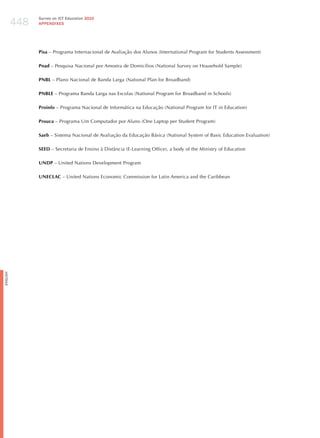 448
                Survey on ICT Education 2010
                APPENDIxES




                Pisa – Programa Internacional de Avaliação dos Alunos (International Program for Students Assessment)

                Pnad – Pesquisa Nacional por Amostra de Domicílios (National Survey on household Sample)

                PNBL – Plano Nacional de Banda Larga (National Plan for Broadband)

                PNBLE – Programa Banda Larga nas Escolas (National Program for Broadband in Schools)

                Proinfo – Programa Nacional de Informática na Educação (National Program for IT in Education)

                Prouca – Programa Um Computador por Aluno (One Laptop per Student Program)

                Saeb – Sistema Nacional de Avaliação da Educação Básica (National System of Basic Education Evaluation)

                SEED – Secretaria de Ensino à Distância (E-Learning Office), a body of the Ministry of Education

                UNDP – United Nations Development Program

                UNECLAC – United Nations Economic Commission for Latin America and the Caribbean
English
 