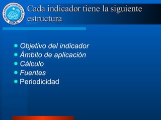 Objetivo del indicador Ámbito de aplicación Cálculo Fuentes Periodicidad Cada indicador tiene la siguiente estructura 