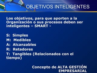 OBJETIVOS INTELIGENTES Los objetivos, para que aporten a la Organización o sus procesos deben ser inteligentes – SMART - S:  Simples M:  Medibles A:  Alcanzables R:  Retadores T:  Tangibles (Relacionados con el tiempo) Concepto de ALTA GESTIÓN EMPRESARIAL 