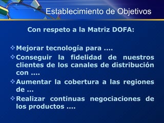 Establecimiento de Objetivos Con respeto a la Matriz DOFA:  Mejorar tecnología para .... Conseguir la fidelidad de nuestros clientes de los canales de distribución con .... Aumentar la cobertura a las regiones de ... Realizar continuas negociaciones de los productos .... 