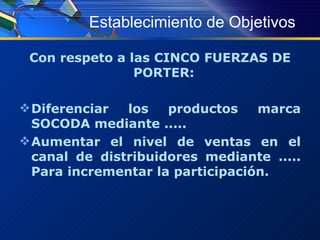 Establecimiento de Objetivos Con respeto a las CINCO FUERZAS DE PORTER:  Diferenciar los productos marca SOCODA mediante ..... Aumentar el nivel de ventas en el canal de distribuidores mediante ..... Para incrementar la participación. 