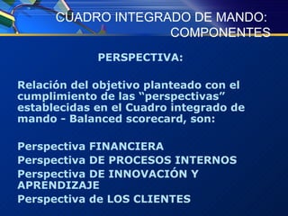 CUADRO INTEGRADO DE MANDO:  COMPONENTES PERSPECTIVA:  Relación del objetivo planteado con el cumplimiento de las “perspectivas” establecidas en el Cuadro integrado de mando - Balanced scorecard, son: Perspectiva FINANCIERA Perspectiva DE PROCESOS INTERNOS Perspectiva DE INNOVACIÓN Y APRENDIZAJE Perspectiva de LOS CLIENTES 