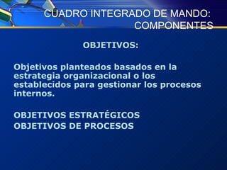 CUADRO INTEGRADO DE MANDO:  COMPONENTES OBJETIVOS:  Objetivos planteados basados en la estrategia organizacional o los establecidos para gestionar los procesos internos. OBJETIVOS ESTRATÉGICOS  OBJETIVOS DE PROCESOS 