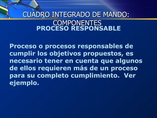 PROCESO RESPONSABLE Proceso o procesos responsables de cumplir los objetivos propuestos, es necesario tener en cuenta que algunos de ellos requieren más de un proceso para su completo cumplimiento.  Ver ejemplo. CUADRO INTEGRADO DE MANDO:  COMPONENTES 
