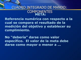 META: Referencia numérica con respecto a la cual se compara el resultado de la medición del objetivo y establecer su cumplimiento. No “debería” darse como valor específico.  El valor de la meta debe darse como mayor o menor a ... CUADRO INTEGRADO DE MANDO:  COMPONENTES 