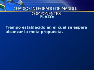 PLAZO: Tiempo establecido en el cual se espera alcanzar la meta propuesta. CUADRO INTEGRADO DE MANDO:  COMPONENTES 