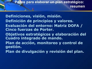 Pasos para elaborar un plan estratégico:  resumen Definiciones, visión, misión. Definición de principios y valores. Evaluación del entorno: Matriz DOFA / Cinco fuerzas de Porter. Objetivos estratégicos y elaboración del Cuadro integrado de mando. Plan de acción, monitoreo y control de gestión.  Plan de divulgación y revisión del plan. 