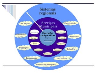 Sistemas   regionais Edificações Sistemas de transporte Gas Natural Electricidade Agricultura Telecomuni- cações Ecossstemas Segurança Industria Uso do solo Rodovias Lixo Saneamento Habitação Parques Iluminação Transito Água Serviços Municipais Empresas Consumidores Operações coorporativas 