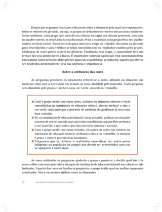 Depois que os grupos finalizam a discussão sobre a dimensão pela qual são responsáveis, 
todos se reúnem em plenária, ou seja, os grupos se desfazem e se reúnem em um único ambiente. 
Nesse ambiente, cada grupo (por meio de seu relator) irá expor aos demais presentes, com base 
no quadro-síntese, os resultados da sua discussão. Feita a exposição, cada grupo deixa seu quadro-síntese 
em local visível. Passa-se então para uma nova etapa do trabalho: discussão na plenária 
para tirar dúvidas e para verificar se todos concordam com os resultados trazidos pelos grupos. 
Mudanças de cores podem ocorrer na plenária. Finalizada essa etapa, a comunidade terá um 
retrato dos seus pontos fortes e fracos. É importante valorizar aquilo que está caminhando bem. 
Em seguida, todos definem coletivamente quais são os problemas prioritários, aqueles que devem 
ser resolvidos primeiramente pela sua urgência e importância. 
Sobre a atribuição das cores 
As perguntas presentes no documento referem-se a ações, atitudes ou situações que 
mostram como está a instituição em relação ao tema abordado pelo indicador. Cada pergunta 
será discutida pelo grupo e receberá uma cor: verde, amarelo ou vermelho. 
Caso o grupo avalie que essas ações, atitudes ou situações existem e estão 
consolidadas na instituição de educação infantil, deverá atribuir a elas a 
cor verde, indicando que o processo de melhoria da qualidade já está num 
bom caminho. 
Se, na instituição de educação infantil, essas atitudes, práticas ou situações 
ocorrem de vez em quando, mas não estão consolidadas, o grupo lhes atribuirá 
a cor amarela, o que indica que elas merecem cuidado e atenção. 
Caso o grupo avalie que essas atitudes, situações ou ações não existem na 
instituição de educação infantil, atribuirá a elas a cor vermelha. A situação 
é grave e merece providências imediatas. 
Perguntas que se referem a realidades específicas (ex: sobre povos 
indígenas ou população do campo) não devem ser preenchidas caso não 
se apliquem à instituição. 
As cores atribuídas às perguntas ajudarão o grupo a ponderar e decidir qual das três 
cores reflete com mais precisão a situação da instituição de educação infantil em relação a cada 
indicador. A partir das cores atribuídas às perguntas, o grupo avalia qual cor melhor representa 
o indicador. Não é necessário atribuir cores às dimensões. 
20 INDICADORES DA QUALIDADE NA EDUCAÇÃO INFANTIL 
 