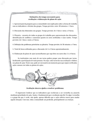 23 
Estimativa do tempo necessário para 
avaliação e elaboração do plano de ação 
1. Apresentação da proposta para a comunidade com explicações sobre a forma de trabalho 
com os indicadores e divisão dos grupos. Tempo previsto: entre 30 minutos e 1 hora. 
2. Discussão das dimensões nos grupos. Tempo previsto: de 1 hora e meia a 2 horas. 
3. Plenária - encontro de todos os grupos de trabalho para apresentação das discussões, 
identificação de conflitos e consensos quanto às cores atribuídas e suas razões. Tempo 
previsto: de 1 hora e meia a 2 horas. 
4. Definição dos problemas prioritários na plenária. Tempo previsto: de 30 minutos a 1 hora. 
5. Total de horas utilizadas para a discussão: de 4 a 5 horas aproximadamente. 
6. Elaboração do plano de ação (aconselhamos que seja feito em outro dia): 3 a 4 horas. 
As instituições com mais de um turno podem propor uma discussão por turno, 
facilitando a participação de mais pessoas. Ou seja, cada turno faz sua avaliação e elabora 
seu plano de ação. Neste caso, pode ser necessário um momento para que sejam verificadas 
ações comuns em todos os planos de ações. 
Avaliação sincera ajuda a resolver problemas 
É importante lembrar que os indicadores que receberam a cor vermelha ou amarela 
sinalizam prioridades de ação. Assim, é fundamental que a avaliação seja fiel. Se algo é vermelho 
e o grupo diz que é verde, não ajuda, apenas dificulta que a ação coletiva ocorra para mudar 
aquela situação. Com isso, toda a comunidade sai perdendo, principalmente as crianças. 
 