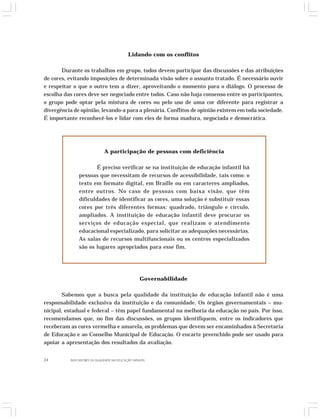 Lidando com os conflitos 
Durante os trabalhos em grupo, todos devem participar das discussões e das atribuições 
de cores, evitando imposições de determinada visão sobre o assunto tratado. É necessário ouvir 
e respeitar o que o outro tem a dizer, aproveitando o momento para o diálogo. O processo de 
escolha das cores deve ser negociado entre todos. Caso não haja consenso entre os participantes, 
o grupo pode optar pela mistura de cores ou pelo uso de uma cor diferente para registrar a 
divergência de opinião, levando-a para a plenária. Conflitos de opinião existem em toda sociedade. 
É importante reconhecê-los e lidar com eles de forma madura, negociada e democrática. 
A participação de pessoas com deficiência 
É preciso verificar se na instituição de educação infantil há 
pessoas que necessitam de recursos de acessibilidade, tais como: o 
texto em formato digital, em Braille ou em caracteres ampliados, 
entre outros. No caso de pessoas com baixa visão, que têm 
dificuldades de identificar as cores, uma solução é substituir essas 
cores por três diferentes formas: quadrado, triângulo e círculo, 
ampliados. A instituição de educação infantil deve procurar os 
serviços de educação especial, que realizam o atendimento 
educacional especializado, para solicitar as adequações necessárias. 
As salas de recursos multifuncionais ou os centros especializados 
são os lugares apropriados para esse fim. 
Governabilidade 
Sabemos que a busca pela qualidade da instituição de educação infantil não é uma 
responsabilidade exclusiva da instituição e da comunidade. Os órgãos governamentais – mu-nicipal, 
estadual e federal – têm papel fundamental na melhoria da educação no país. Por isso, 
recomendamos que, no fim das discussões, os grupos identifiquem, entre os indicadores que 
receberam as cores vermelha e amarela, os problemas que devem ser encaminhados à Secretaria 
de Educação e ao Conselho Municipal de Educação. O encarte preenchido pode ser usado para 
apoiar a apresentação dos resultados da avaliação. 
24 INDICADORES DA QUALIDADE NA EDUCAÇÃO INFANTIL 
 