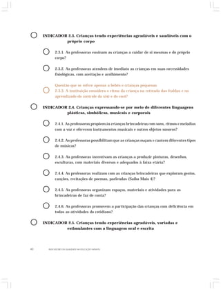 O INDICADOR 2.3. Crianças tendo experiências agradáveis e saudáveis com o 
próprio corpo 
O 2.3.1. As professoras ensinam as crianças a cuidar de si mesmas e do próprio 
corpo? 
O 2.3.2. As professoras atendem de imediato as crianças em suas necessidades 
fisiológicas, com aceitação e acolhimento? 
Questão que se refere apenas a bebês e crianças pequenas 
O 2.3.3. A instituição considera o ritmo da criança na retirada das fraldas e no 
aprendizado do controle do xixi e do cocô? 
O INDICADOR 2.4. Crianças expressando-se por meio de diferentes linguagens 
plásticas, simbólicas, musicais e corporais 
O 2.4.1. As professoras propõem às crianças brincadeiras com sons, ritmos e melodias 
com a voz e oferecem instrumentos musicais e outros objetos sonoros? 
O 2.4.2. As professoras possibilitam que as crianças ouçam e cantem diferentes tipos 
de músicas? 
O 2.4.3. As professoras incentivam as crianças a produzir pinturas, desenhos, 
esculturas, com materiais diversos e adequados à faixa etária? 
O 2.4.4. As professoras realizam com as crianças brincadeiras que exploram gestos, 
canções, recitações de poemas, parlendas (Saiba Mais 4)? 
O 2.4.5. As professoras organizam espaços, materiais e atividades para as 
brincadeiras de faz de conta? 
O 2.4.6. As professoras promovem a participação das crianças com deficiência em 
todas as atividades do cotidiano? 
O INDICADOR 2.5. Crianças tendo experiências agradáveis, variadas e 
estimulantes com a linguagem oral e escrita 
40 INDICADORES DA QUALIDADE NA EDUCAÇÃO INFANTIL 
 