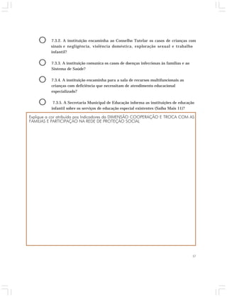 O 7.3.2. A instituição encaminha ao Conselho Tutelar os casos de crianças com 
Explique a cor atribuída aos Indicadores da DIMENSÃO COOPERAÇÃO E TROCA COM AS 
FAMÍLIAS E PARTICIPAÇÃO NA REDE DE PROTEÇÃO SOCIAL 
57 
sinais e negligência, violência doméstica, exploração sexual e trabalho 
infantil? 
O 7.3.3. A instituição comunica os casos de doenças infecciosas às famílias e ao 
Sistema de Saúde? 
O 7.3.4. A instituição encaminha para a sala de recursos multifuncionais as 
crianças com deficiência que necessitam de atendimento educacional 
especializado? 
O 7.3.5. A Secretaria Municipal de Educação informa as instituições de educação 
infantil sobre os serviços de educação especial existentes (Saiba Mais 11)? 
 